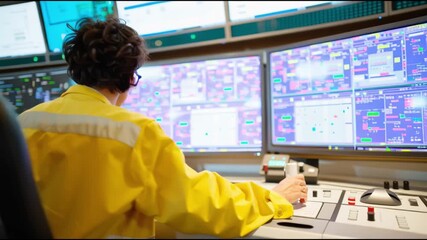 Professional technician monitors complex systems in a control room with multiple screens and active data displays - Powered by Adobe