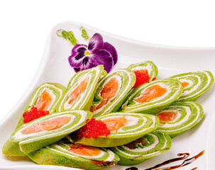 Colorful sushi roll platter showcases vibrant flavors and intricate design