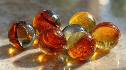 Sparkling Amber and Gold Marbles A Close-Up View