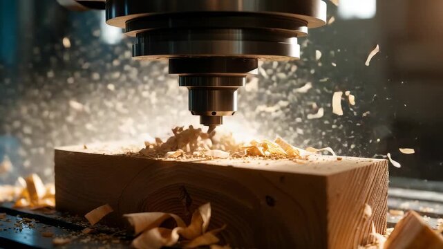 Precision CNC milling machine cutting wooden block with high-speed rotating drill bit and flying wood shavings in bright workshop light