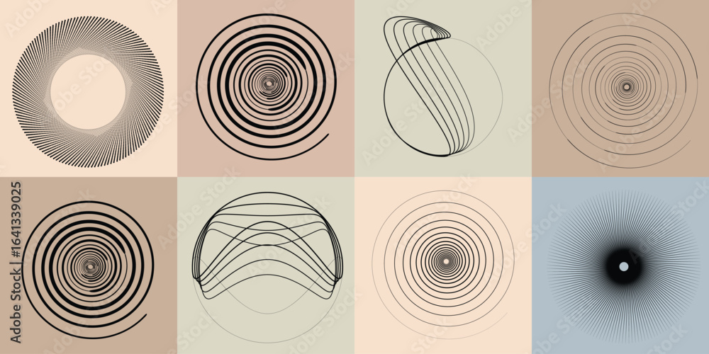 Poster lines and spirals in circle form .rotate rounded shape vector .rotating dots form a circle .rotating