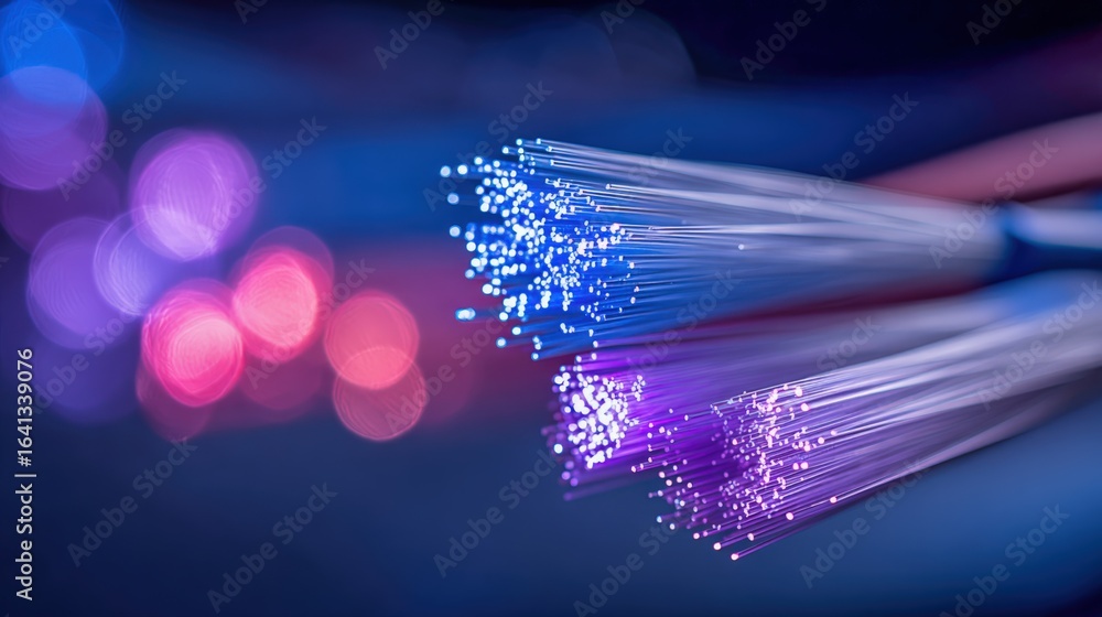 Poster fiber optic cables illuminated with abstract bokeh background for high-speed data transfer and commu