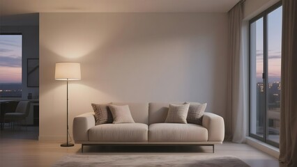 Modern Living Room with Beige Sofa and Floor Lamp Near Large Windows