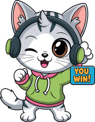 Cartoon cat, green hoodie with pink trim, large headphones, winking, smiling, holding “YOU WIN!” sign, celebratory pose, victory character