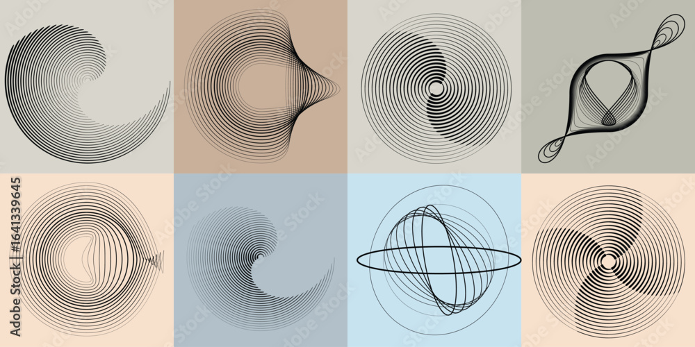 Poster lines and spirals in circle form .rotate rounded shape vector .rotating dots form a circle .rotating