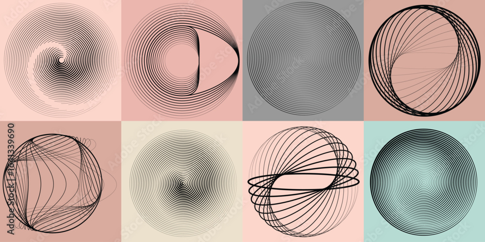 Poster lines and spirals in circle form .rotate rounded shape vector .rotating dots form a circle .rotating