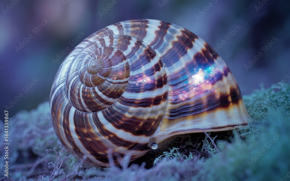 Poster snail's secret world: an up-close, captivating view of a spiral snail shell, highlighting its intric