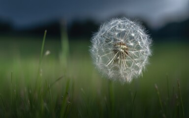Dandelion in Bloom: A solitary dandelion clock, poised delicately amidst a blurred field of green, a beacon of ephemeral beauty, whispers of nature's quiet grandeur.