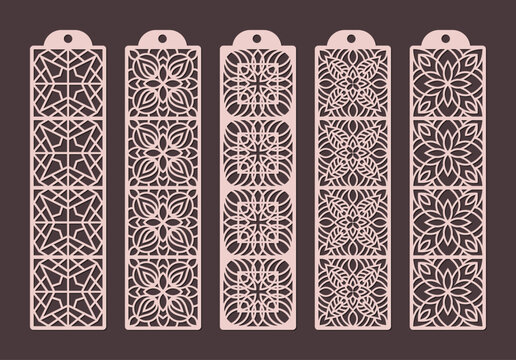 Set of five decorative laser cut bookmarks with intricate geometric and floral patterns, perfect for crafting and journaling vector