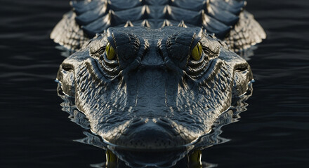  Close-up of an adult alligator’s head and upper body above dark murky water, fierce yellow eyes and rough dark skin texture, dramatic lighting and predatory gaze
