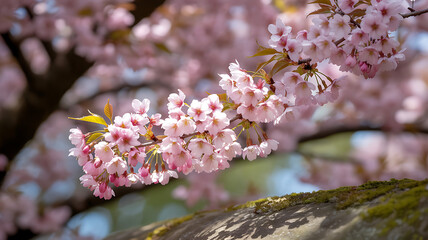 Fototapeta premium Delicate cherry blossoms in full bloom on a branch during a sunny spring day