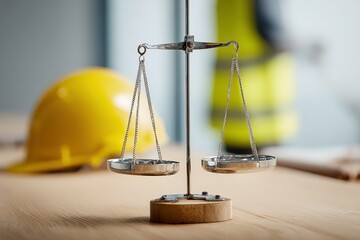 Scales of Justice with Construction Safety Helmet: Balancing Act in the Building Industry