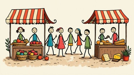 Cartoon illustration of a lively outdoor market with people and food stalls.