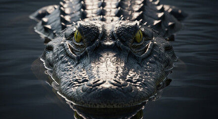  Close-up of an adult alligator’s head and upper body above dark murky water, fierce yellow eyes and rough dark skin texture, dramatic lighting and predatory gaze
