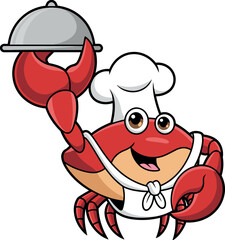 Cartoon chef crab character, white hat and apron, silver cloche raised, happy expression, big eyes, wide smile, playful cooking illustration
