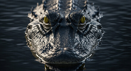  Close-up of an adult alligator’s head and upper body above dark murky water, fierce yellow eyes and rough dark skin texture, dramatic lighting and predatory gaze