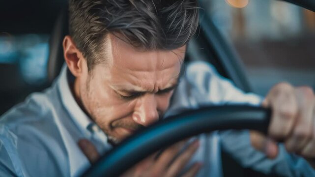Middle-aged man in a car clutching his chest in visible pain, concept of sudden heart attack or medical emergency while driving.