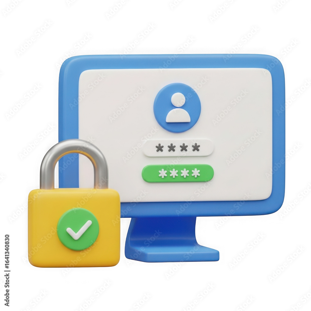 Poster Computer screen displaying login credentials and a yellow padlock with a green checkmark symbolizing security and access control isolated on transparent background