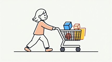 Simple illustration of a person pushing a shopping cart with purchases