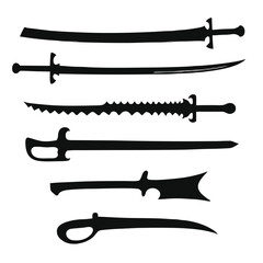 Collection of Six Black Sword Silhouettes on White Background