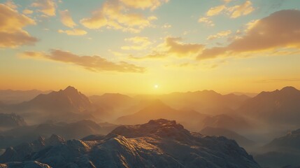 Obraz premium Mountain Range at Sunrise with Golden Light and Cloudscape