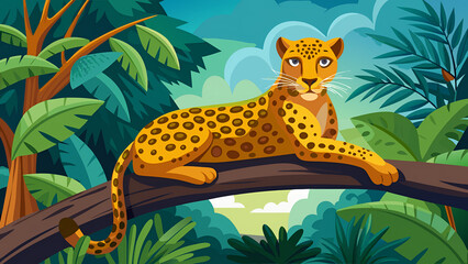 illustration of a leopard lounging on a high branch with jungle background