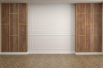 Classic interior with blank wall, panel, moldings. 3d render illustration mock up.