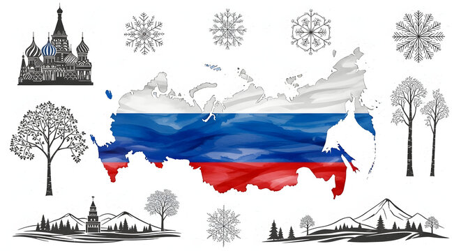 Detailed Artistic Watercolor Map of Russia Featuring Vibrant National Flag Colors, Iconic Moscow Saint Basil's Cathedral Silhouette, Winter Snowflake Ornaments, Bare and Leafy Tree Illustrations, 