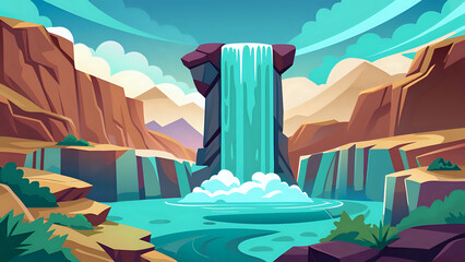 illustration of a tall waterfall cascading into a turquoise pool surrounded by rocks