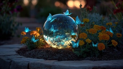glowing orb in flower bed surrounded by glowing butterflies
