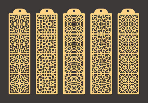Set of five ornate golden lasercut bookmarks featuring intricate geometric patterns and floral motifs, perfect for book lovers vector