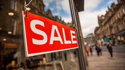Red Sale Sign in Shop Window Display with Blurred City Street Background and Shoppers