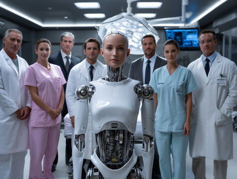A full-body shot of a sophisticated humanoid robot with a futuristic design, standing prominently in the center, surrounded by a team of diverse doctors and scientists. 