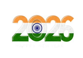 A colorful 2026 text with a Happy New Year made by indian flag against a plain 