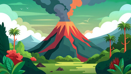 illustration of an active volcano with smoke rising and lush greenery around bases