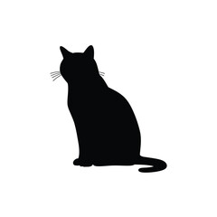 Black cat silhouette sitting upright, isolated on white background, a common domestic feline pet in a simple graphic form