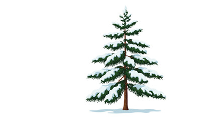 A cartoon pine tree stands covered in snow casting a shadow on a white background