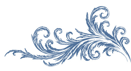 A decorative blue floral design with swirling featherlike leaves on a white background