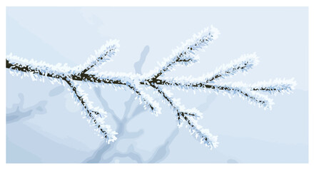A frosted branch with icy needles stands out against a soft snowy backdrop