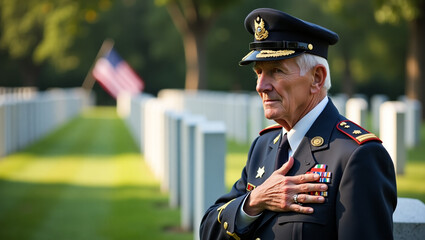 Obraz premium An Elderly American Senior War Veteran with a Solemn Expression Reflecting on His Service