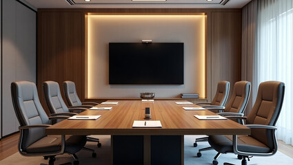 Naklejka premium An Elegant and Empty Meeting Boardroom with a Presentation Setup, Ready for Important Discussions