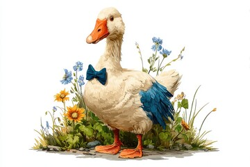 Charming Goose with Bow Tie Whimsical Wildlife Art Nature Illustration on transparent background