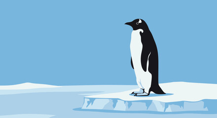 A penguin stands on an ice floe under a light blue sky