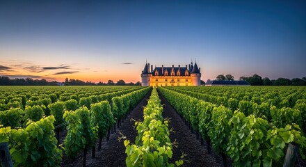 Loire Valley Vineyard at Sunset: Picturesque French Chateau and Rows of Grapevines in France