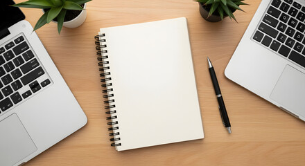 A top-down view of a modern wooden workspace with two laptops, a blank spiral notebook, a pen, and small plants.
