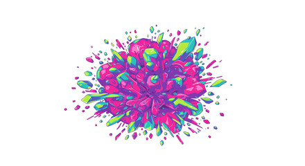 Abstract geometric bloom with pink purple  green shards emanating from the center on a white backdrop