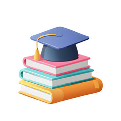 3D Graduation Cap on a Colorful Stack of Books, Education and Achievement Icon isolated