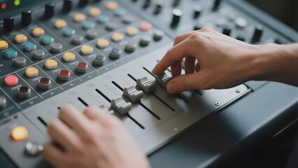Hands adjusting knobs and sliders on a sound mixing console