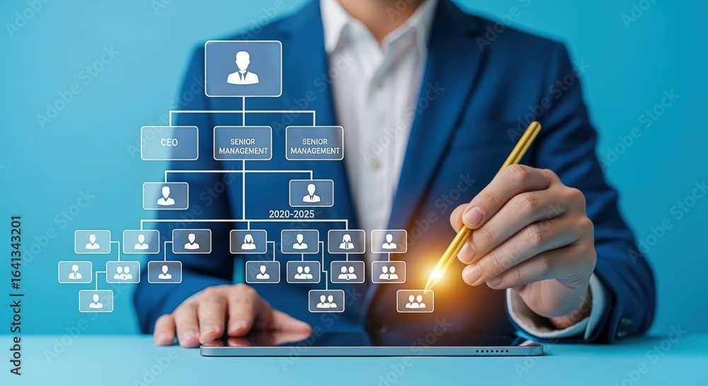 Aufkleber organization chart structure concept: man touching digital interface to build company hierarchy for 