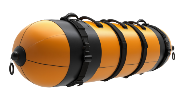 A professional diving decompression buoy, fully inflated and ready for underwater